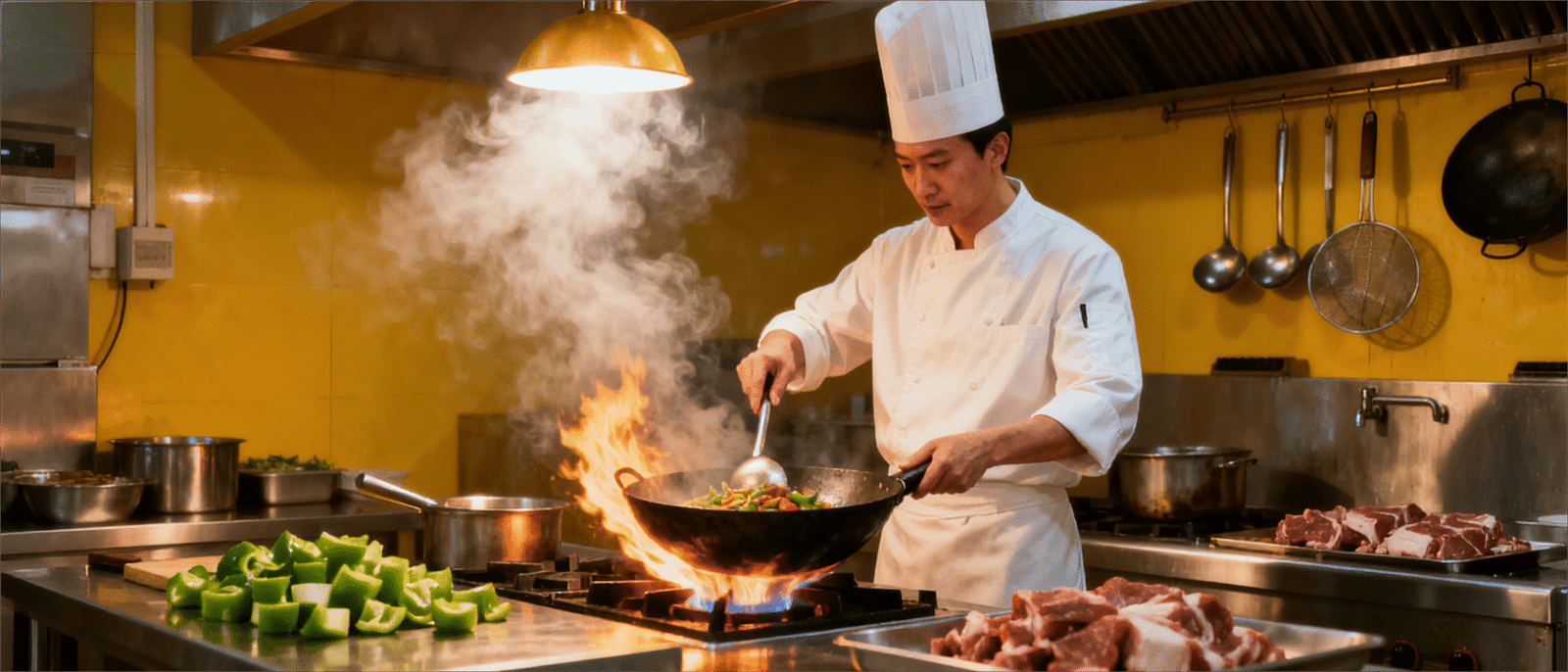 jimeng-2025-09-15-1703-帮我生成一张厨师在后厨忙碌的图片，一张中央厨房正在生产的图片，一张食品工厂正在生...