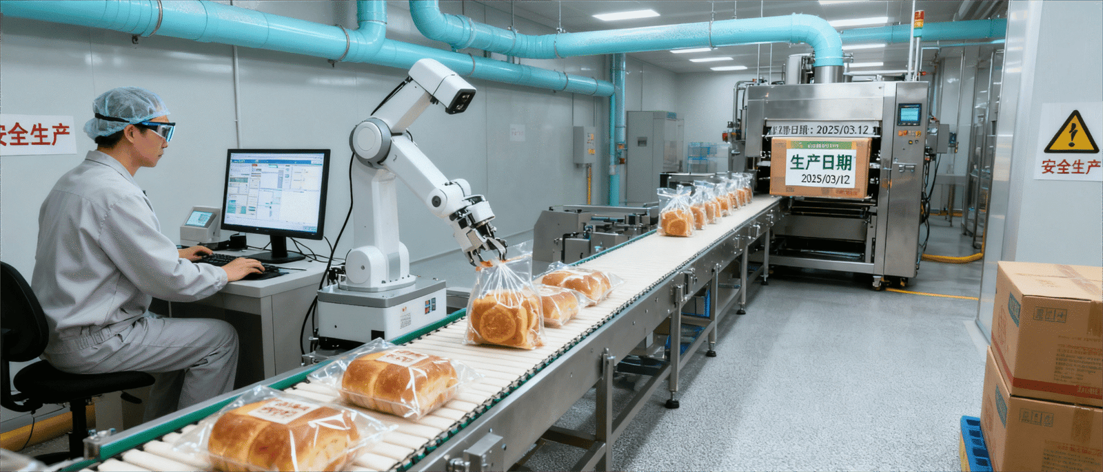 jimeng-2025-09-15-2302-帮我生成一张厨师在后厨忙碌的图片，一张中央厨房正在生产的图片，一张食品工厂正在生...