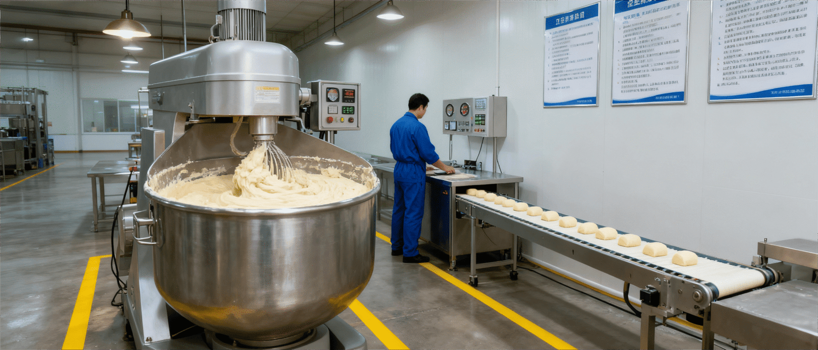 jimeng-2025-09-15-4826-帮我生成一张厨师在后厨忙碌的图片，一张中央厨房正在生产的图片，一张零食工厂正在生...