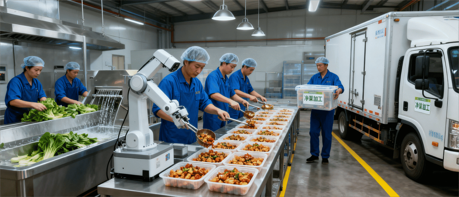 jimeng-2025-09-15-5652-帮我生成一张厨师在后厨忙碌的图片，一张中央厨房正在生产的图片，一张食品工厂正在生...