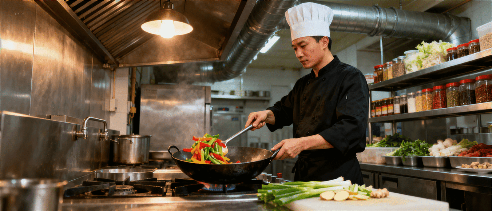 jimeng-2025-09-15-8926-帮我生成一张厨师在后厨忙碌的图片，一张中央厨房正在生产的图片，一张零食工厂正在生...